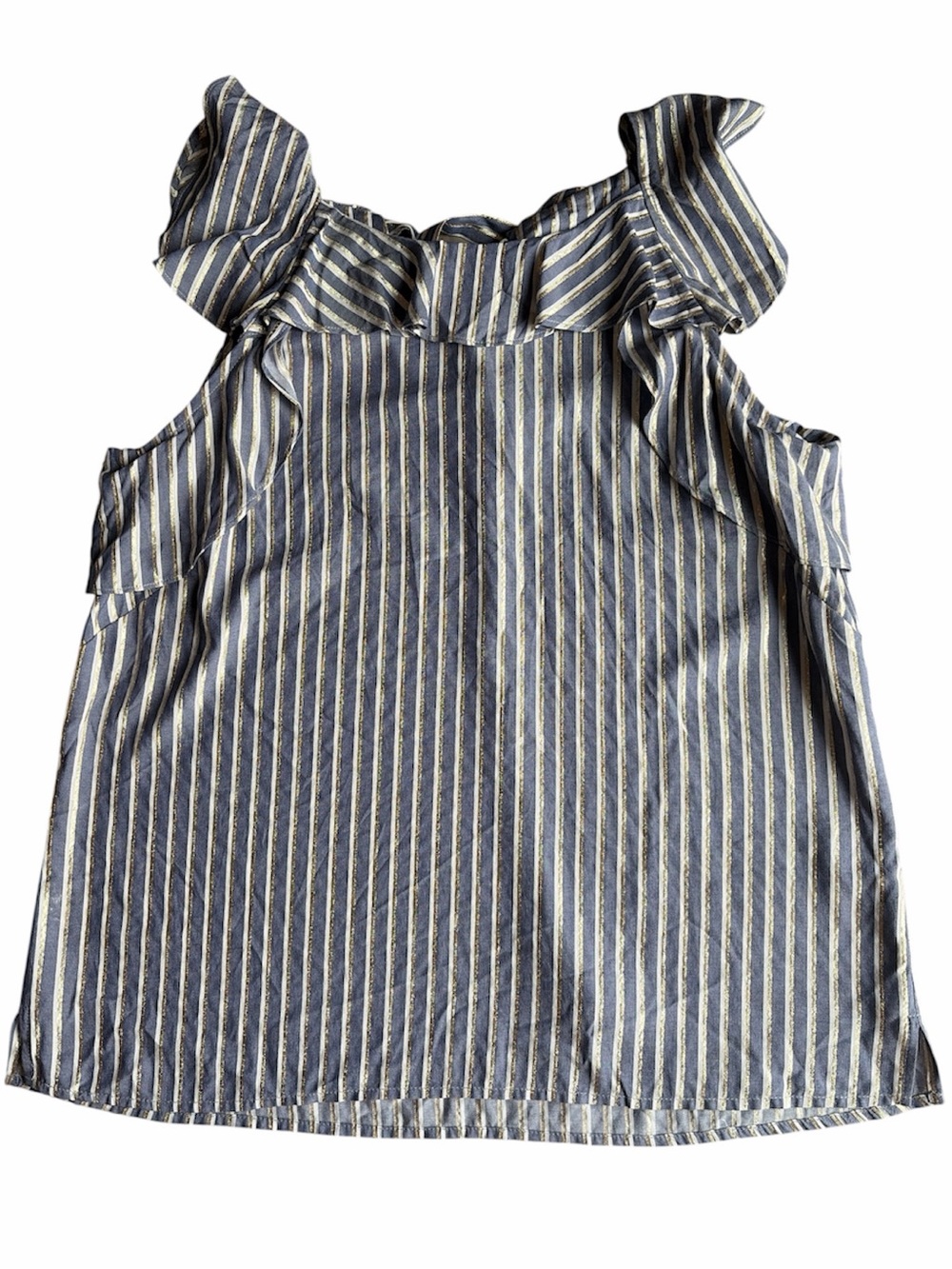 Eva Franco Ruffle Neck Striped Metallic Top Size 12 Blue Gold Sleeveless USA